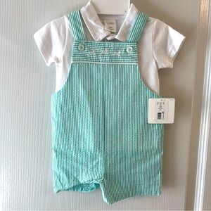 Infant Baby Boy 6/9mo Green Seersucker Shortall Set With Bunny Details